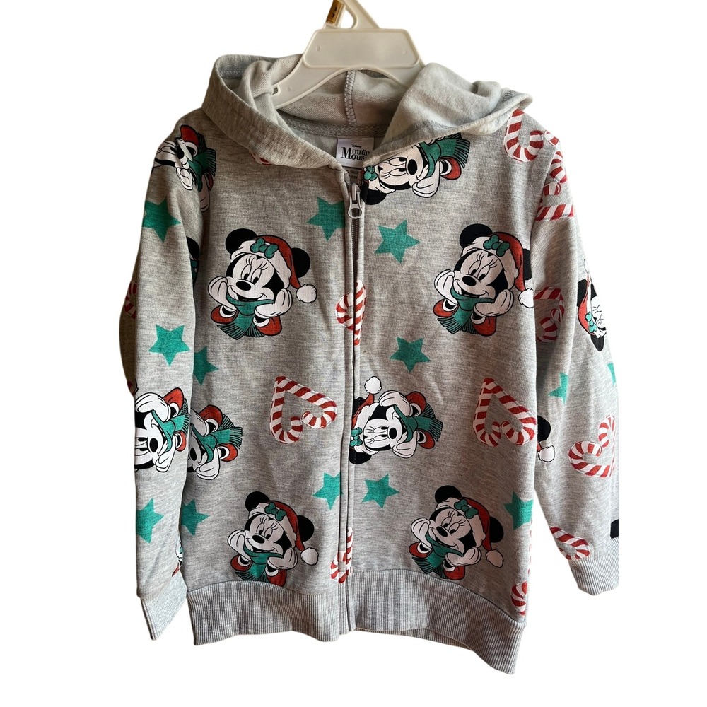 NEW Disney Minnie Mouse Girls Holiday Hoodie Christmas Print Zip Up‎ Size 5/6